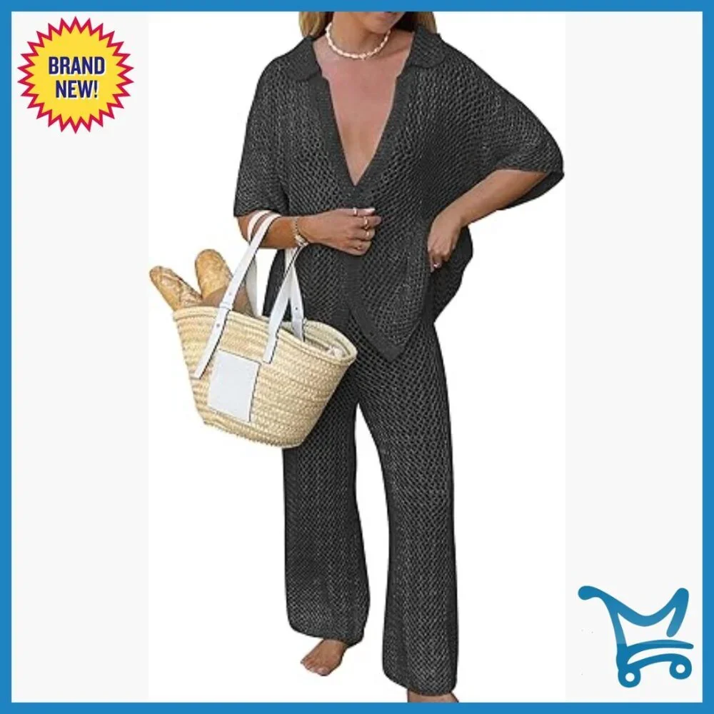 Large Loose Fit Acrylic Hollow Out Beach Cover Up Set 2 Piece